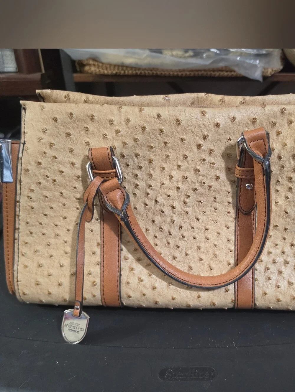 LONDON FOG Faux-Ostrich Satchel Handbag- Beige